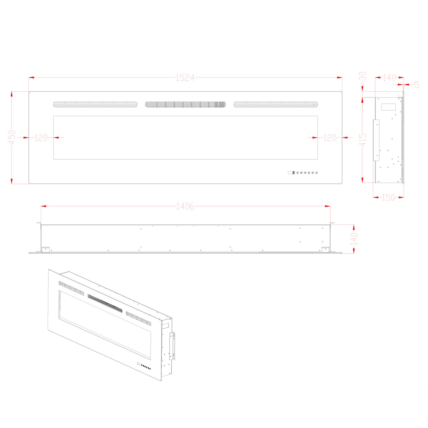 Titanite Built-in Electric Fireplace - 152 cm