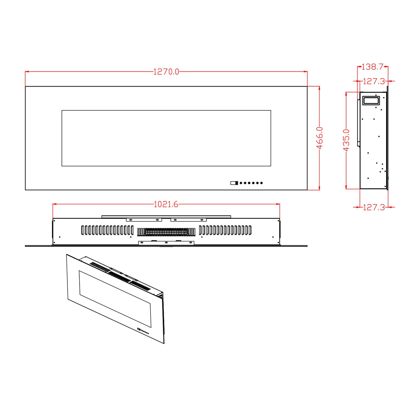 Azurite Wall-Mounted Electric Fireplace - 127 cm - Black
